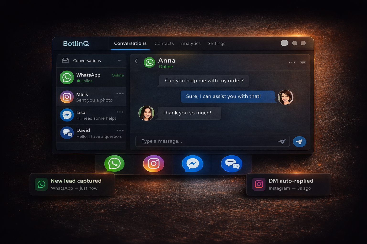 BotlinQ unified dashboard showing WhatsApp, Instagram and website conversations managed from a single screen